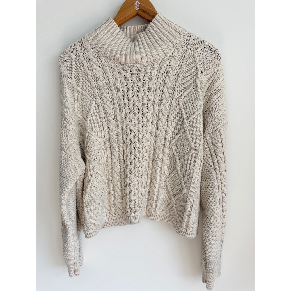 Lucky Brand Cream Fisherman Cable Knit Mock Neck Cropped Aran Sweater Small